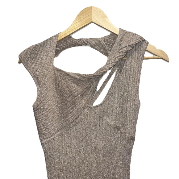 Aknvas Sevrine Dress Small Gold Champagne Glitter Twisted Midi Cocktail Formal - Picture 6 of 13